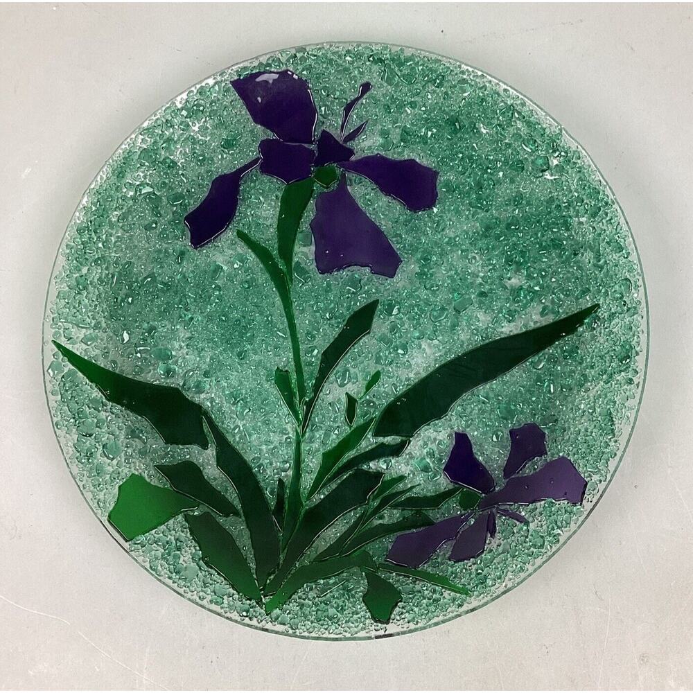 Green Emerald Crackled Glass Floral Plate - 10”